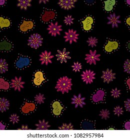 Vector pattern for your creativity. Seamless festive texture with doodle hearts and love inscription. Elements black, purple and yellow colors on background.