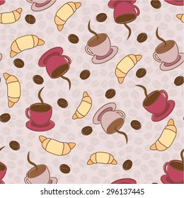 Vector pattern. Yummy colorful chocolate cookies, donuts and cups of coffee