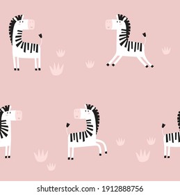 Vector pattern with zebras. Funny cartoon zebras. Zebras are running. Children's illustration. Can be printed on fabric. African animals. Background with animals. pink background