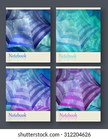 Vector pattern.A set of notebooks. Purple and blue striped umbrella reflected in the water.