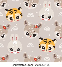  vector pattern.Cute cartoon animal faces, holiday theme. Can be used as a print for baby clothes, a pattern for wrapping paper, or whatever you like