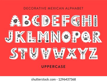 Vector patterned alphabet decorated with folk mexican ornaments.  Display uppercase font on a red background.