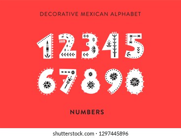 Vector patterned alphabet decorated with folk mexican ornaments.  Set of numbers on a red background.