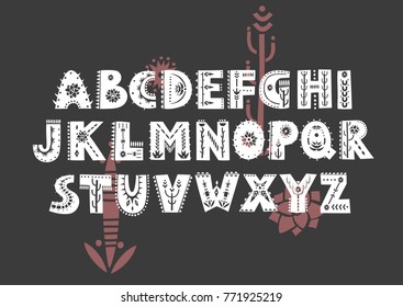 Vector patterned alphabet decorated with folk ornaments based on desert motifs.  Display uppercase font on a black background.