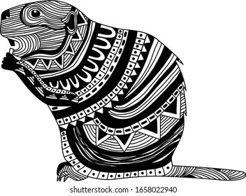 Vektorillustration mit Bibermuster auf weißem Hintergrund. Afrikanisch, indianisch, totem, tätowiert, zentangle, aztec design. Für das Design eines T-Shirts, Taschen, Postkarten, Poster und so weiter.