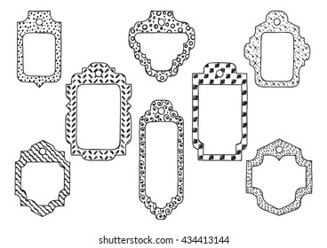 Vector patterned frames set . Hand drawn doodle labels with abstract ornaments.