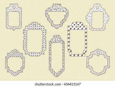 Vector patterned frames set . Hand drawn doodle labels with abstract ornaments.