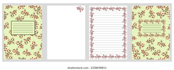 Vector patterned lined notebook - floral design. Lined notebook with ornament of tree branch with red leaves. Painted notepad