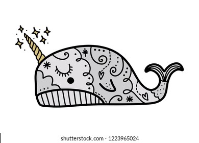 Vector patterned narwhal art. Poster and banner element, children's book illustration, postcard, gift card, print for t-shirt and more, sticker, label and other. Isolated on white background.