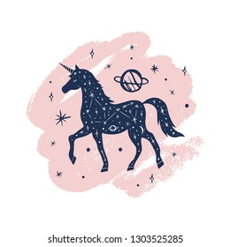 Vector patterned night unicorn, moon and stars, space constellations. Beautiful onamental animal print, Northern Lights. Fairytale fantasy illustration