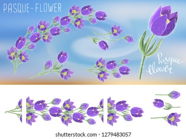 Vector patterned and object brushes of snowdrop flowers on a white background and examples of their application. Design elements for cards, banners, wedding invitations and borders on fabrics or