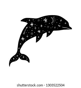 Vector patterned polar dolphin, moon and stars, space constellations. Beautiful onamental animal print, Northern Lights. Fairytale fantasy illustration