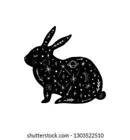 Vector patterned polar rabbit, moon and stars, space constellations. Beautiful onamental animal print, Northern Lights. Fairytale fantasy illustration