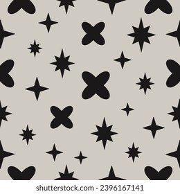 Vector pattern.Flowers.Y2K.Black on a White Background.Print for Textile.Packaging.Cover.Web Design.Holiday.Stars Shine.Glitter.Symbols.Signs.Magic.Abstract.Simple.Snowflakes.New Year.Modern. EPS 10