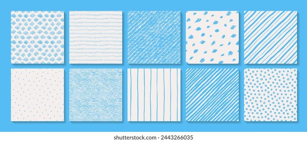 Colección de patrones vectoriales. Fondos de garabatos sin fisuras. Azul azulado brillante sobre blanco, ambiente veraniego. Ondas, rayas, lunares, rayas diagonales y remolinos adornos