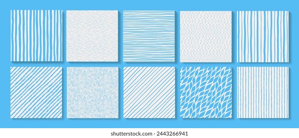 Vector patterns collection. Seamless doodle backgrounds. Bright teal blue on white, summer vibe. Striped, waves, diamond, diagonal stripes, swirls, abstract leaves ornaments