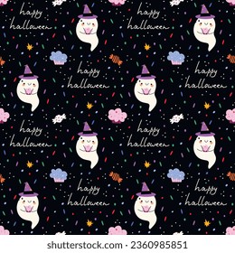 vector patterns with a cute ghost, bright confetti, cupcakes and the inscription Happy Halloween on a dark background. Happy Halloween . Great for wallpaper, background, packaging, fabric, scrapbook.