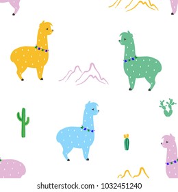 Vector patterns of cute llama or alpaca illustration. Funny animal
