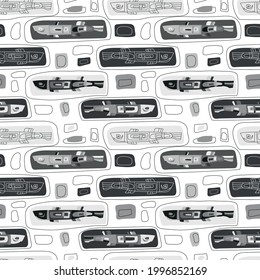 Vector patterns with fish and stones with simple ornament. Monochrome colors. Art design for print, cover, paper, wallpaper, textile. 