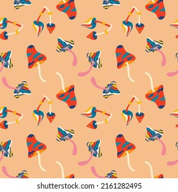 Vector patterns, groovy hippie backgrounds, retro-psychedelic 70s. A bright funky print with flowers, mushrooms in the hippie style, a set of vector drawings in the hippie style. Template for