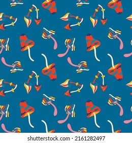 Vector patterns, groovy hippie backgrounds, retro-psychedelic 70s. A bright funky print with flowers, mushrooms in the hippie style, a set of vector drawings in the hippie style. Template for