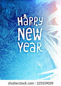 Vector Patterns Made by the Frost. Blue Winter Background for Christmas Designs. Xmas Typographic Label for Holiday Greeting Cards, Party Banners and Posters. Icy Abstract Background.