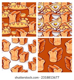 Vector patterns on the theme of baking, bread, cupcake, khachapuri in cartoon style.