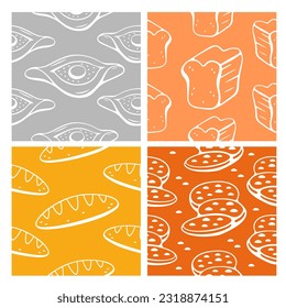 Vector patterns on the theme of baking, bread, cupcake, khachapuri in line and doodle style.