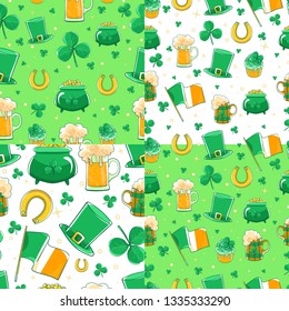 Vector patterns Saint Patricks Day. Green silk hat, flag Ireland, pot of gold coins, shamrocks, cupcake decoration clover, horseshoe and beer stein.