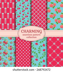 Vector patterns set. Collection of cute seamless backgrounds in pink, blue and green colors.