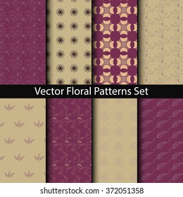 Vector patterns set. Floral patterns of flowers, leaves and ornamental elements. Big patterns vector set in violet and beige colors. Floral elements for decor.
