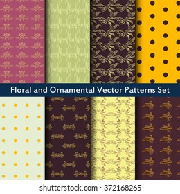 Vector patterns set. Floral seamless patterns of leaves, rounds and ornamental elements. Big patterns vector set in violet, pink, yellow and beige colors.
