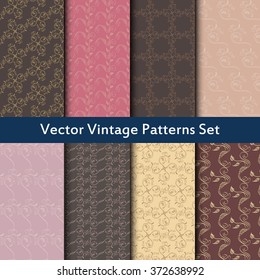 Vector patterns set. Floral seamless patterns of leaves, buds and ornamental elements. Big patterns vector set in violet, pink, brown and beige colors.
