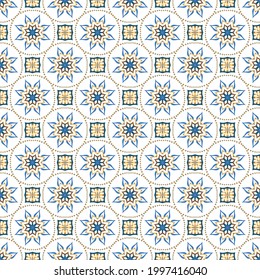 Vector patterns set. Seamless flourish backgrounds with abstract flowers and floral elements. Intricate ornate line. Arabic decorative design. Square tile. Oriental symmetrical ornament. Gold and blue