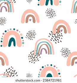 Vector pattern.Simple Rainbow.Boho. Scandinavian Style Doodle.Cute Childish Art in Pastel Colors; Isolated on a Blue Background. Fun boho print.Magic.Fairytale.Magic.Print for Textile.EPS 10