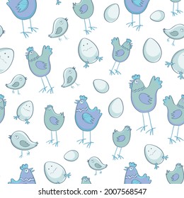 Vector pattren in blue tones of chicken and eggs