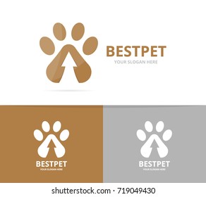 Vector paw and arrow up logo combination. Pet and growth symbol or icon. Unique vet and upload logotype design template.