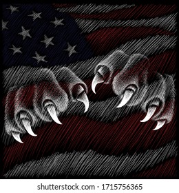 The Vector paw with  claws on the flag  USA background for tattoo or T-shirt design or outwear. 