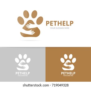 Vector paw and hands logo combination. Pet and embrace symbol or icon. Unique vet and friendship logotype design template.