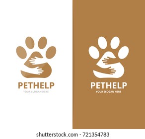 Vector paw and hands logo combination. Pet and embrace symbol or icon. Unique vet and friendship logotype design template.