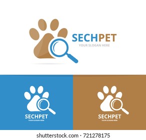 Vector paw and loupe logo combination. Pet and magnifying symbol or icon. Unique vet and search logotype design template.