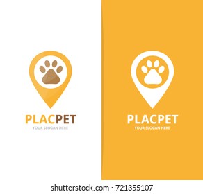 Vector Paw And Map Pointer Logo Combination. Pet And Gps Locator Symbol Or Icon. Unique Vet And Pin Logotype Design Template.
