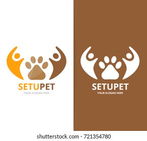 Vector paw and people logo combination. Pet and family symbol or icon. Unique vet and union, help, connect, team logotype design template.