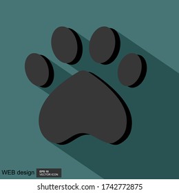 Vector paw print icon in a flat black design with a background and shadow.