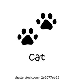 Vector paw trail of animal footprint card with text. Cat tracks clipart. Black silhouette illustration with word Cat.