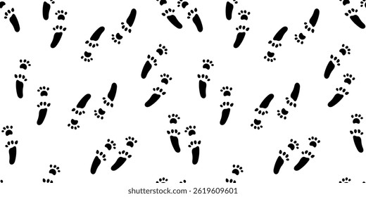 Vector paw trail of rabbit footprint seamless pattern. Bunny tracks on white background. Seamless print with hare or rabbit paw footprints black silhouette.