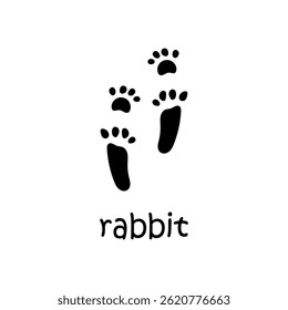 Vector paw trail of rabbit footprints illustration. Bunny track card in flat design with text. Hare or rabbit paw footprint black silhouette.