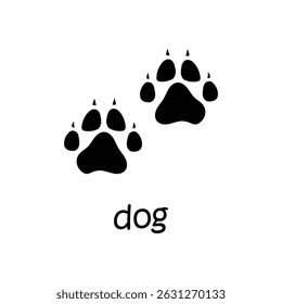 Vector paw trails of animal footprint card. Dog tracks. Black silhouette paws with text Dog.