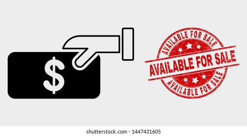 Vector pay cash icon and Available for Sale seal stamp. Red round textured seal stamp with Available for Sale text. Vector composition for pay cash in flat style. Black isolated pay cash icon.