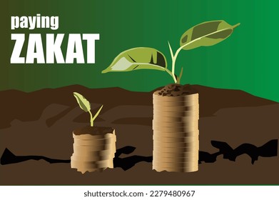 pagador vectorial monedas de zakat fitrah ramadan moneys planta hoja verde tierra crecer eid lebaran